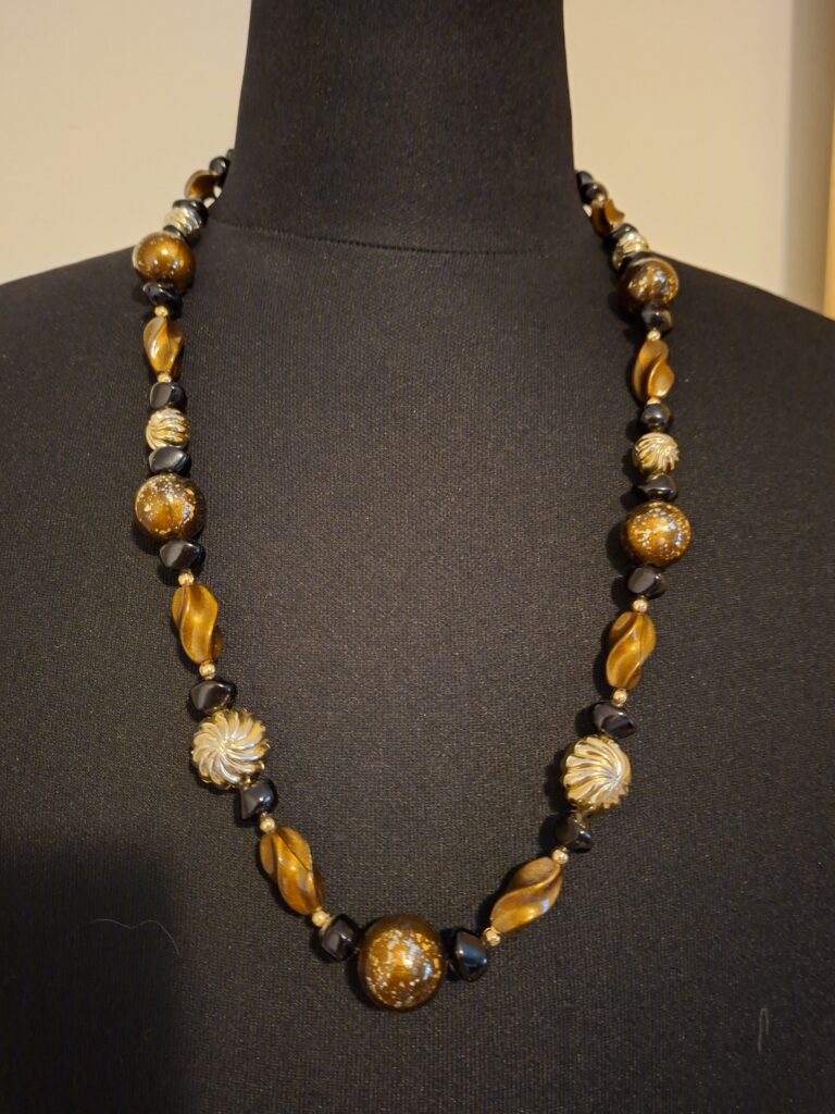 Lange Ketting met Tijgeroog-look, Zwart & Goudkleurige Kralen