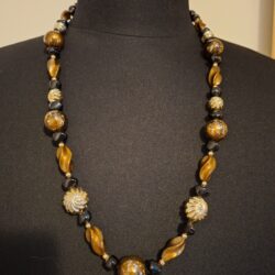 Lange Ketting met Tijgeroog-look, Zwart & Goudkleurige Kralen