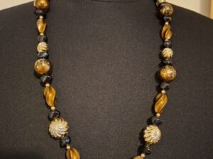 Lange Ketting met Tijgeroog-look, Zwart & Goudkleurige Kralen