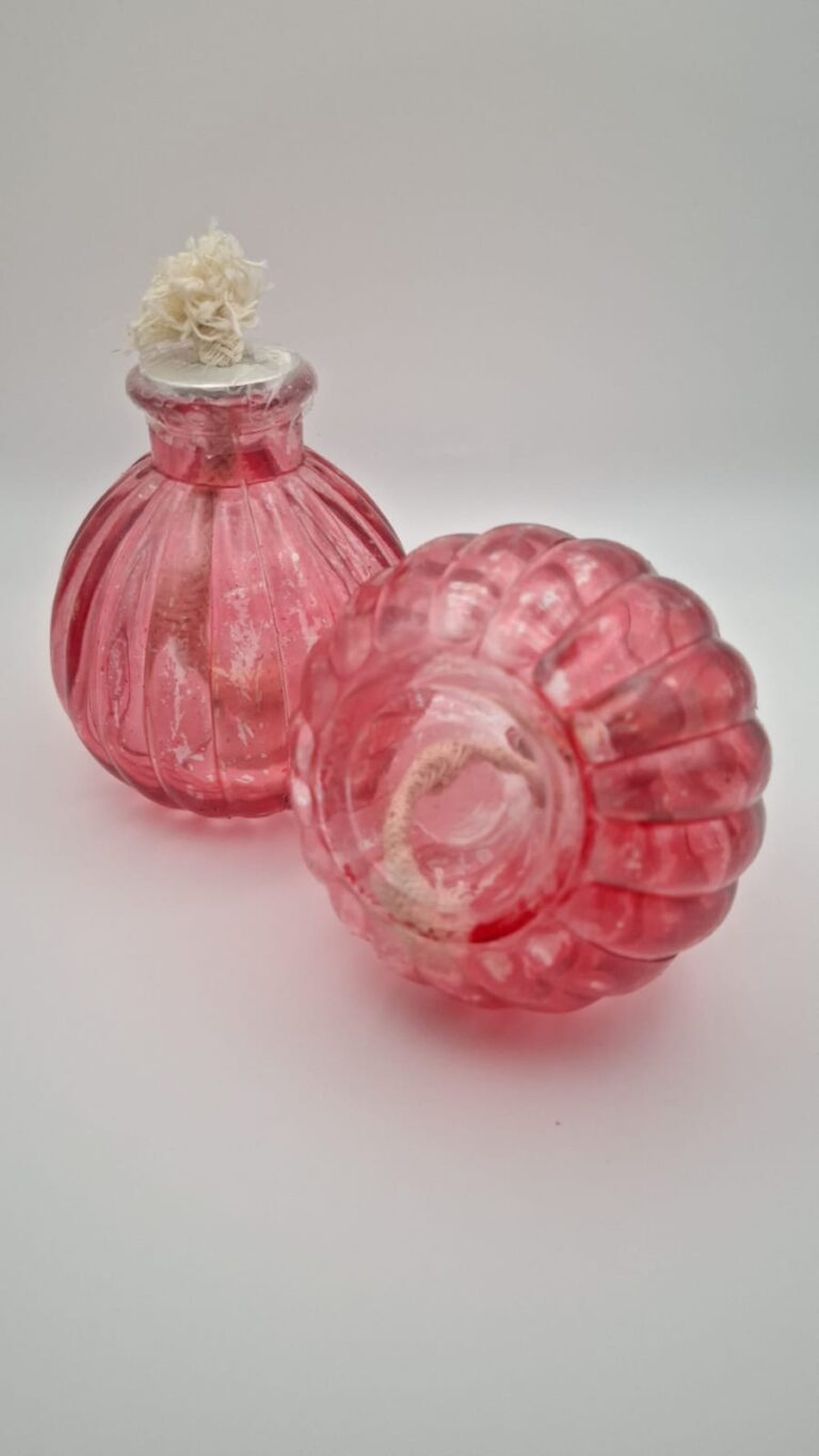 Set van 2 Roze Glazen Olielampjes / Tuintafellampjes (Nieuw)