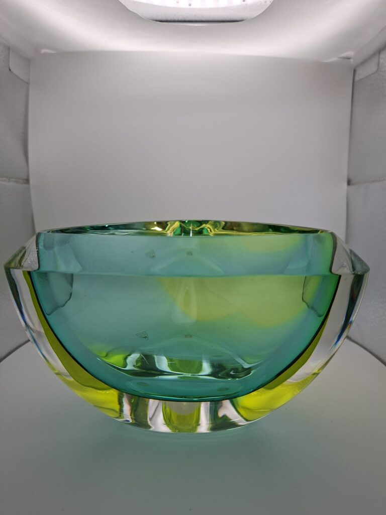 Orrefors kristalglazen schaal in groen en geel