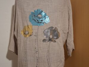Beige Linnen Top Italy Moda Klaprozen Print Glitter Maat 5