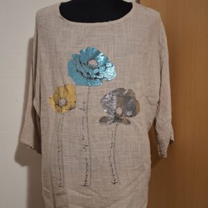 Beige Linnen Top Italy Moda Klaprozen Print Glitter Maat 5
