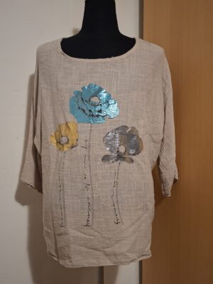 Beige Linnen Top Italy Moda Klaprozen Print Glitter Maat 5