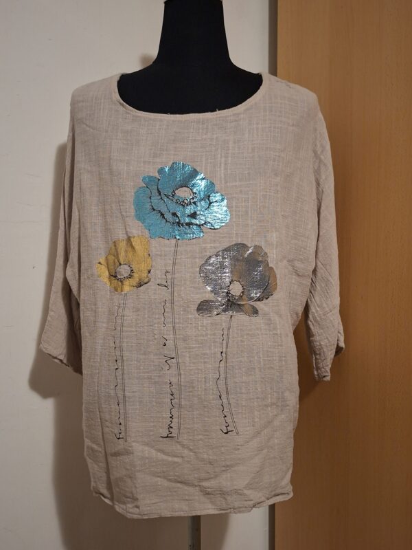 Beige Linnen Top Italy Moda Klaprozen Print Glitter Maat 5