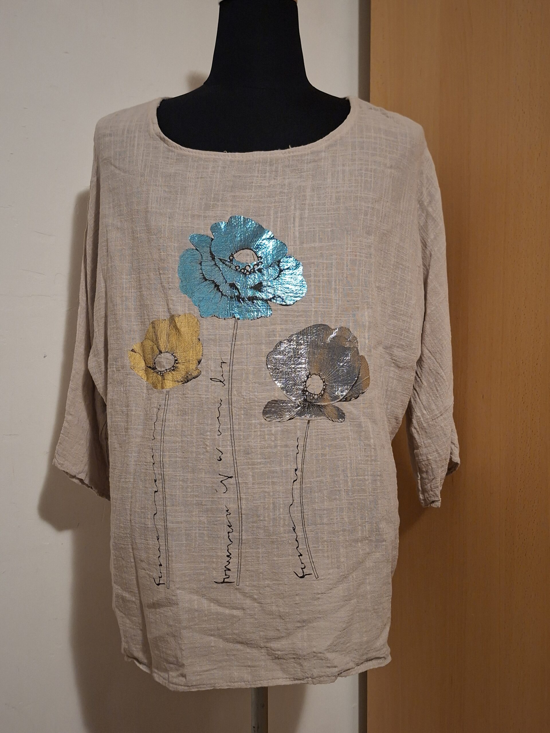 Beige Linnen Top Italy Moda Klaprozen Print Glitter Maat 5