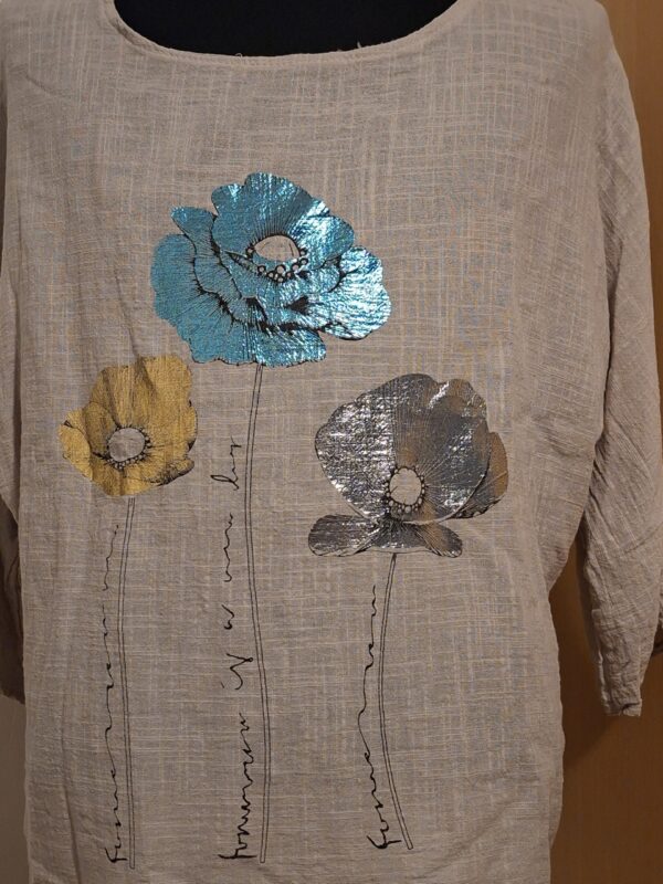 Beige Linnen Top Italy Moda Klaprozen Print Glitter Maat 5