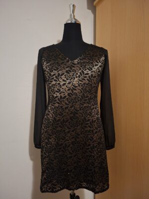 Zwarte Jurk met Goudkleurig Kant Made in France Elegant Maat 36