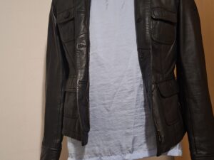 Zwarte Leren Jas Echt Lamsleer Militaire Stijl Kroon Logo Maat 38