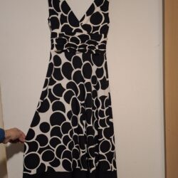 Zwart-Wit Jurk Bollenprint V-Hals Plooien Elegant Maat S