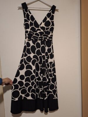 Zwart-Wit Jurk Bollenprint V-Hals Plooien Elegant Maat S