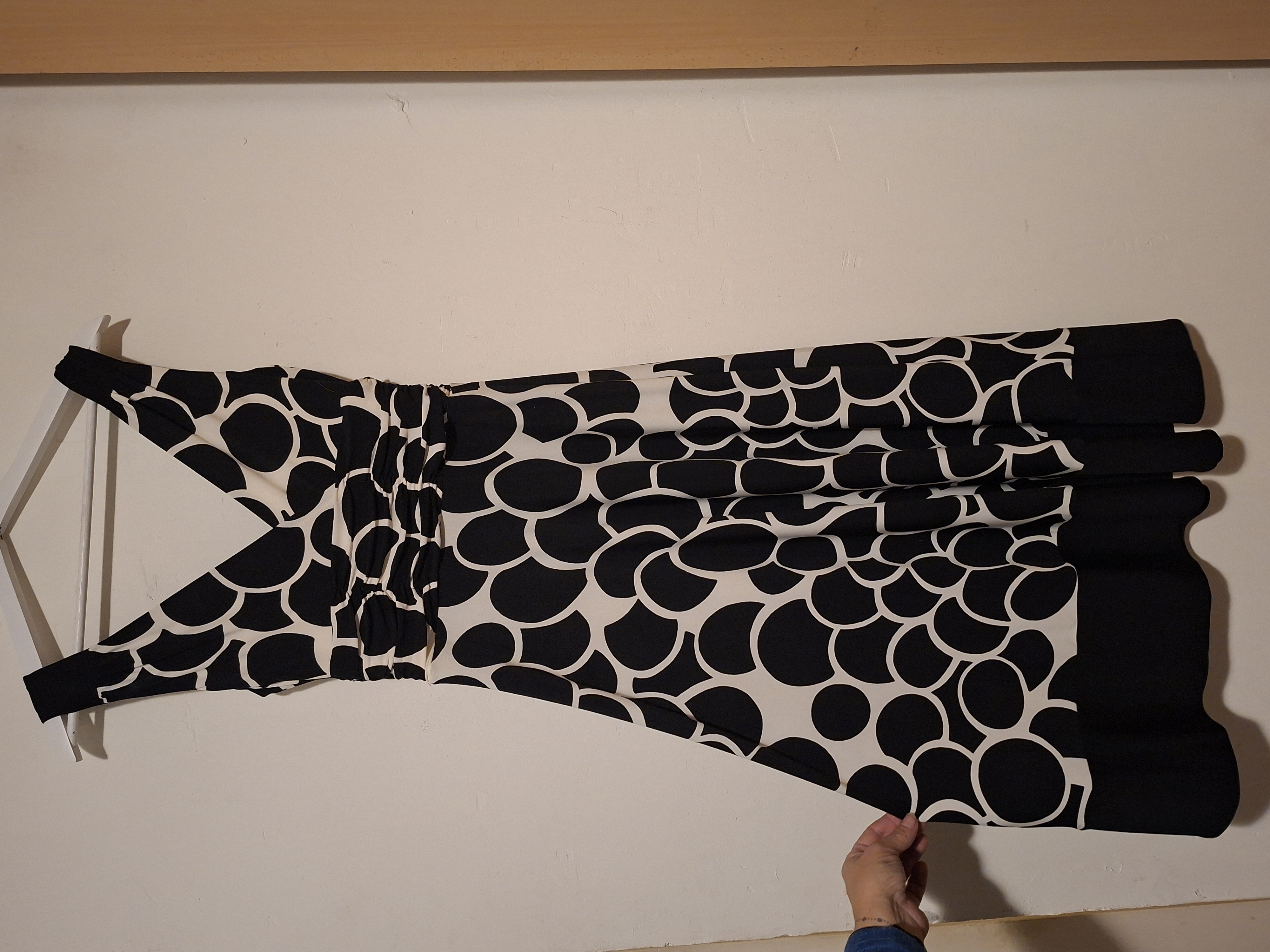 Zwart-Wit Jurk Bollenprint V-Hals Plooien Elegant Maat S