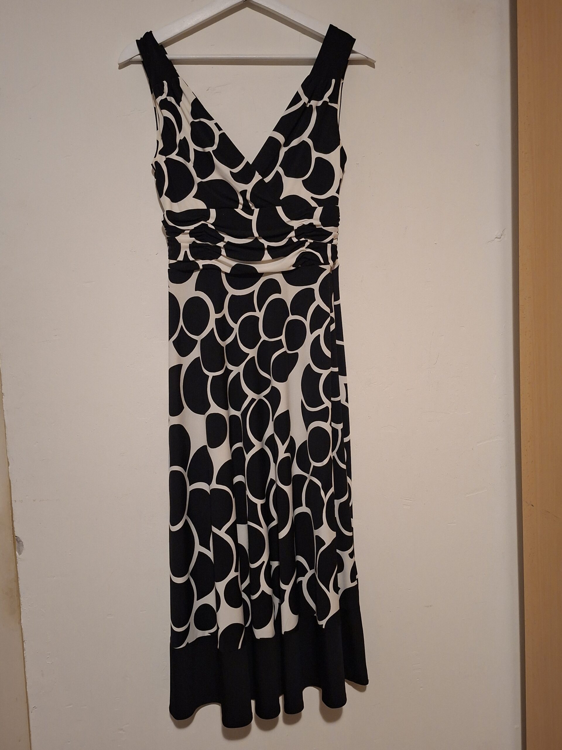 Zwart-Wit Jurk Bollenprint V-Hals Plooien Elegant Maat S - Afbeelding 2