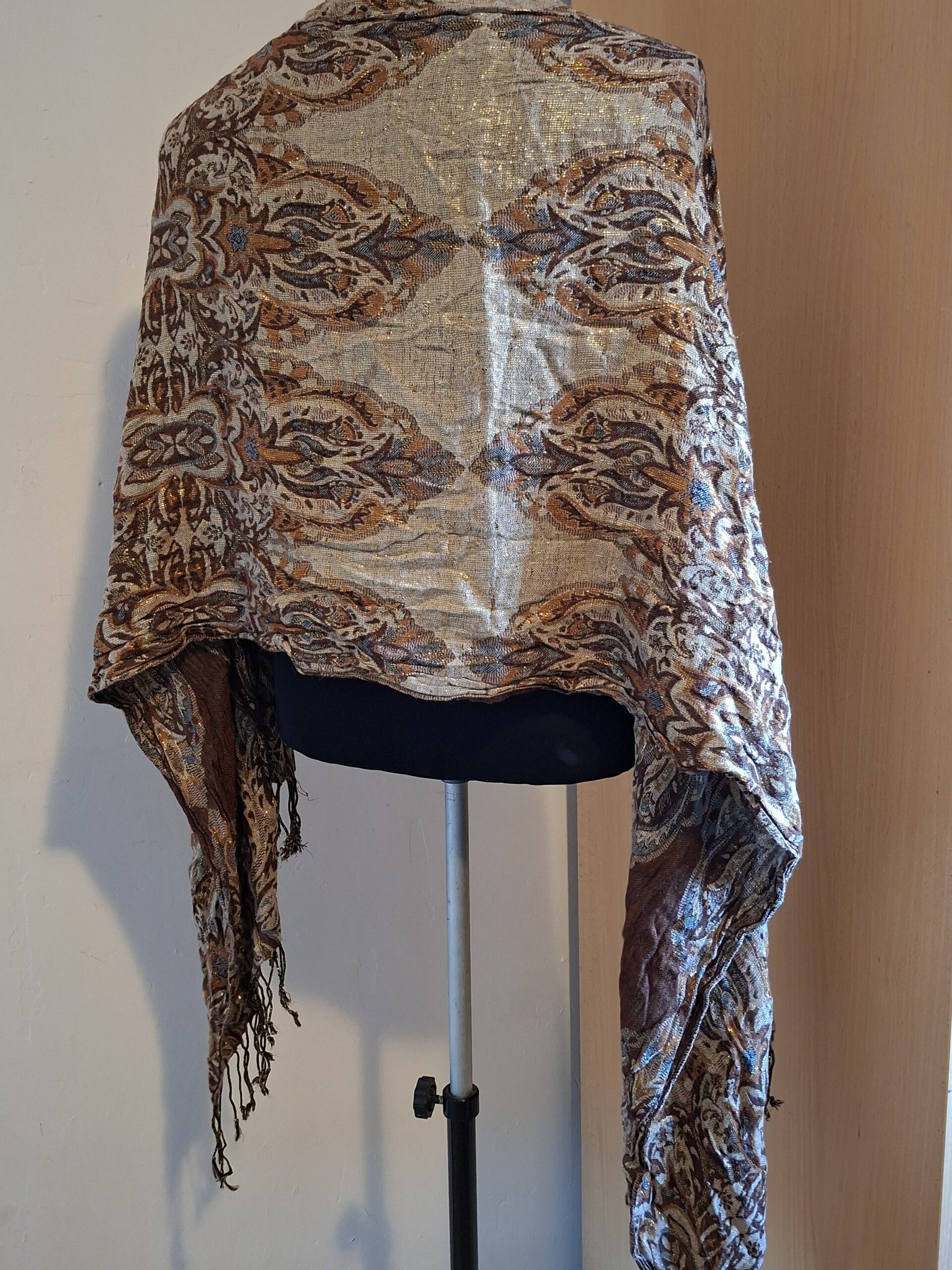 Sjaal Omslagdoek Bruin Goud Paisley Glitter Franjes - Afbeelding 2