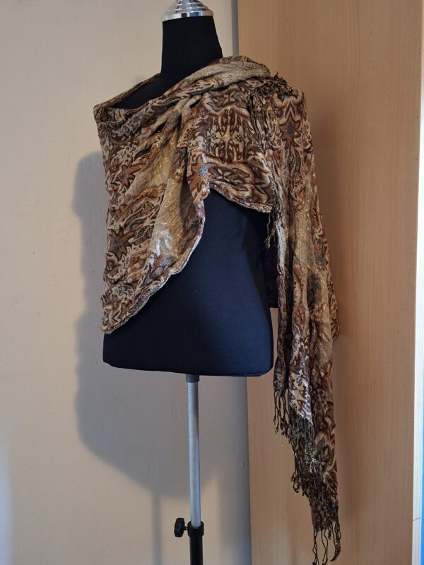 Sjaal Omslagdoek Bruin Goud Paisley Glitter Franjes