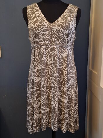 Miss Etam Jurk Bladprint Beige Bruin V-Hals Maat 40/42