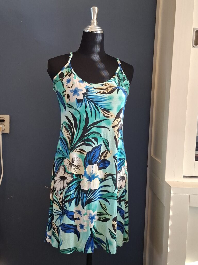 20260118_144938_001 Zomerjurk Turquoise Tropische Print Bandjes Maat 40