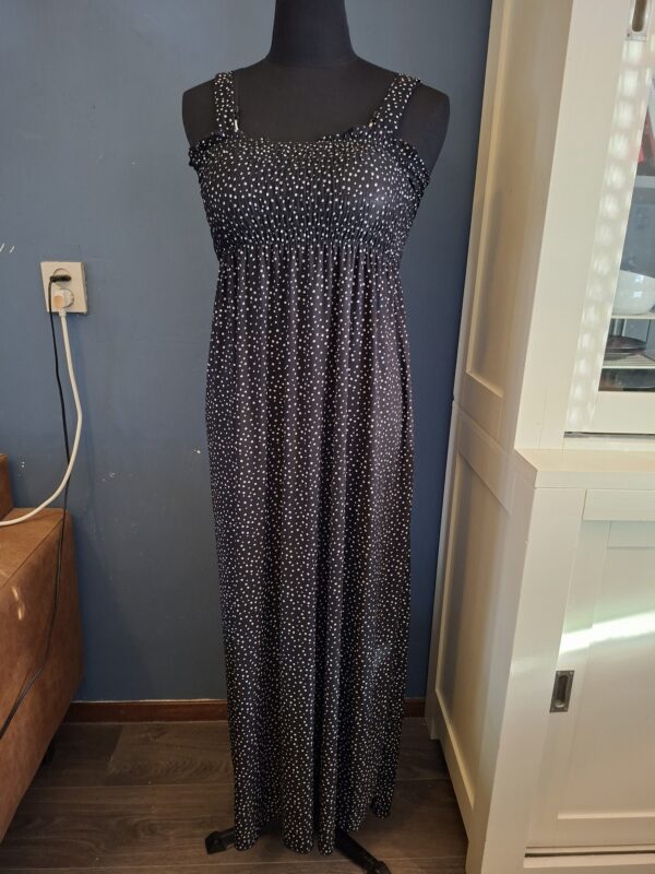 Maxi Jurk Zwart Witte Stippen Bandjes Smock Maat 38/40