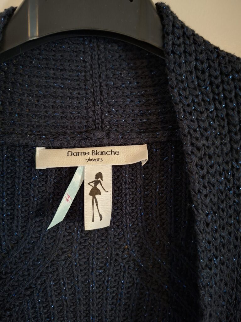 20260124_154439 Dame Blanche Anvers donkerblauw vest met glitterdraad maat U