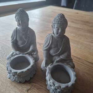 Set van 2 Boeddha beeldjes met theelichthouder grijs