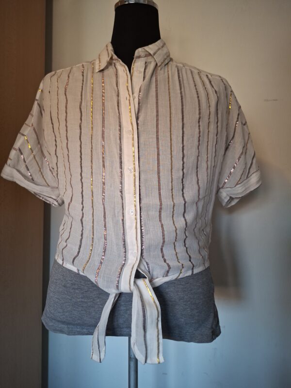 Knoopblouse wit metallic strepen maat S