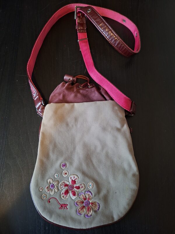 Crossbody tasje canvas taupe bordeaux geborduurde bloemen