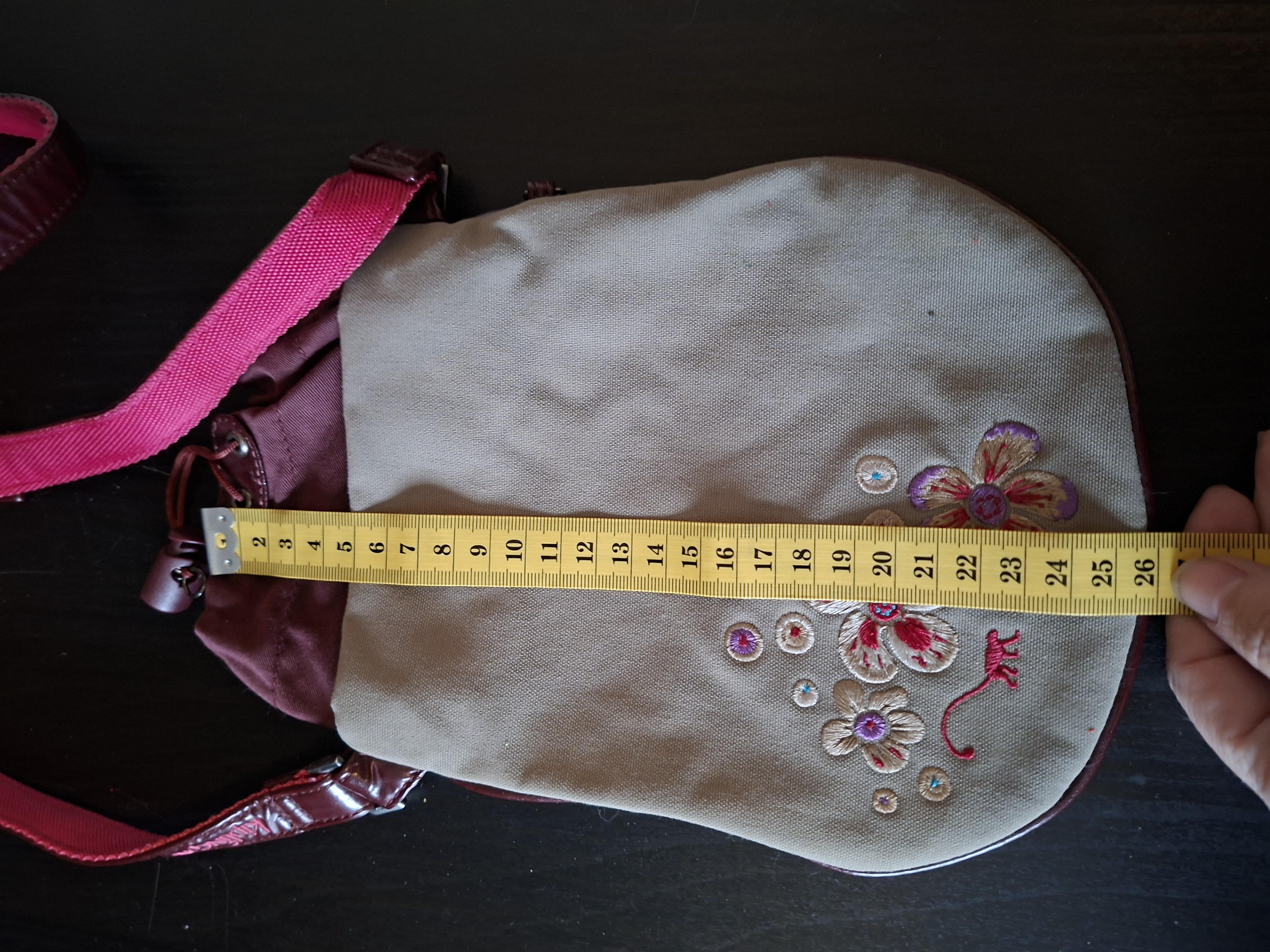 Crossbody tasje canvas taupe bordeaux geborduurde bloemen
