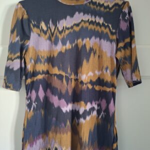 Top ikat print donkerblauw/oker/lila staande col maat S/M