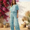 Ibiza boho set crop top + broek turquoise bloemenprint maat S/M