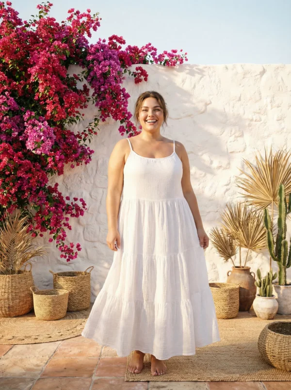 BoHo Witte Katoenen Maxi Jurk Bandjes Lagen Maat 44/46