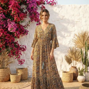 Costes Maxi Jurk Oker/Bruin Paisley Print 38