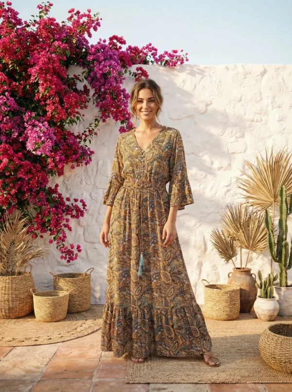 Costes Maxi Jurk Oker/Bruin Paisley Print 38