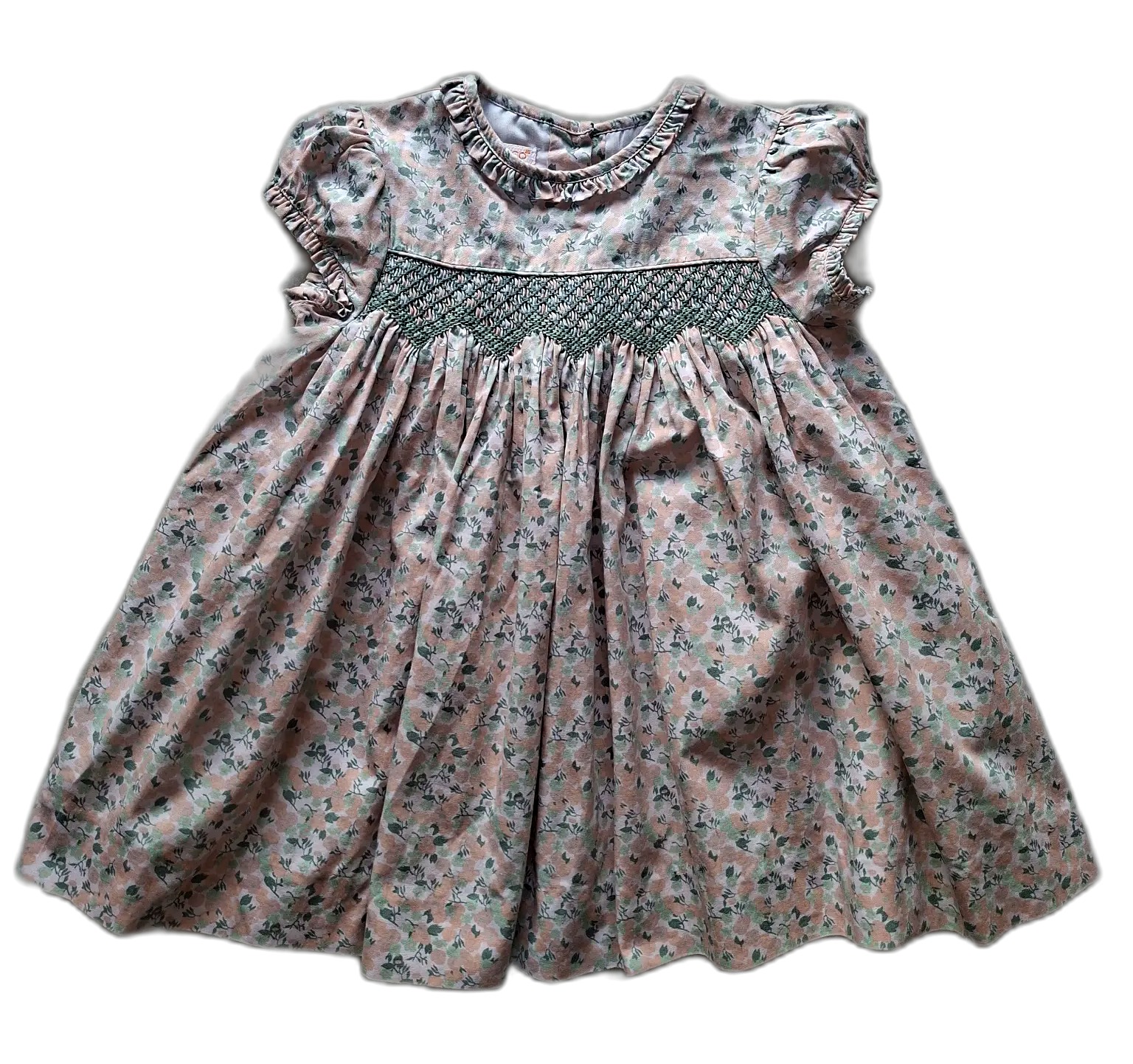 Gocco jurk met bloemenprint en groen smockwerk maat 86/92