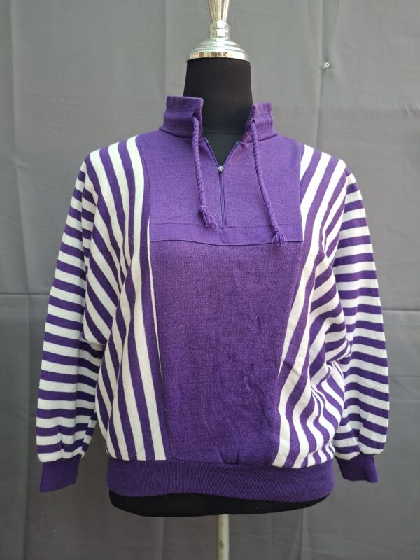 Vintage trui paars/wit gestreept met vleermuismouwen en half-zip