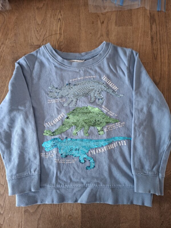 20260418_161309 H&M sweater lichtblauw dinosaurus pailletten maat 110/116 nette staat
