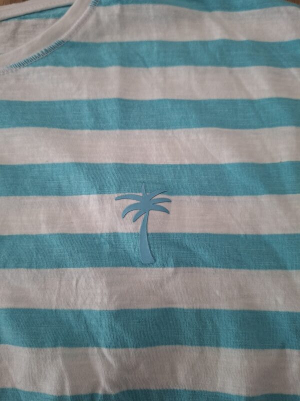 20260502_115628 El Corte Inglés Kids crop top turquoise gestreept palmboom maat 110 nette staat
