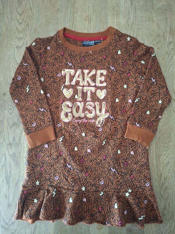 Twoday sweatjurk bruin tijgerprint "Take It Easy" pailletten maat 98/104 nette staat
